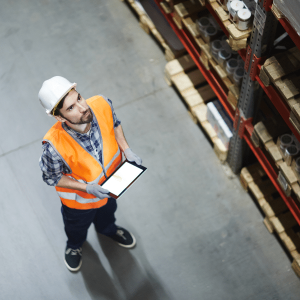 Warehouse manager using tablet to track inventory through a logistics platform.