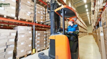 Warehouse shelves with packed inventory ready for shipping