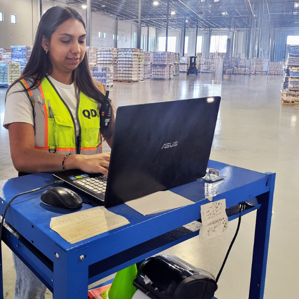 Logistics manager reviewing inventory data in warehouse.