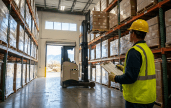 A warehouse supervisor watching a forklift stack shrink-wrapped pallets on high racking in a dry storage facility.