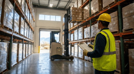 A warehouse supervisor watching a forklift stack shrink-wrapped pallets on high racking in a dry storage facility.