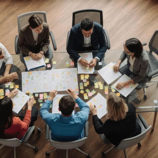 Operations manager discussing logistics strategy and transition plan with team.